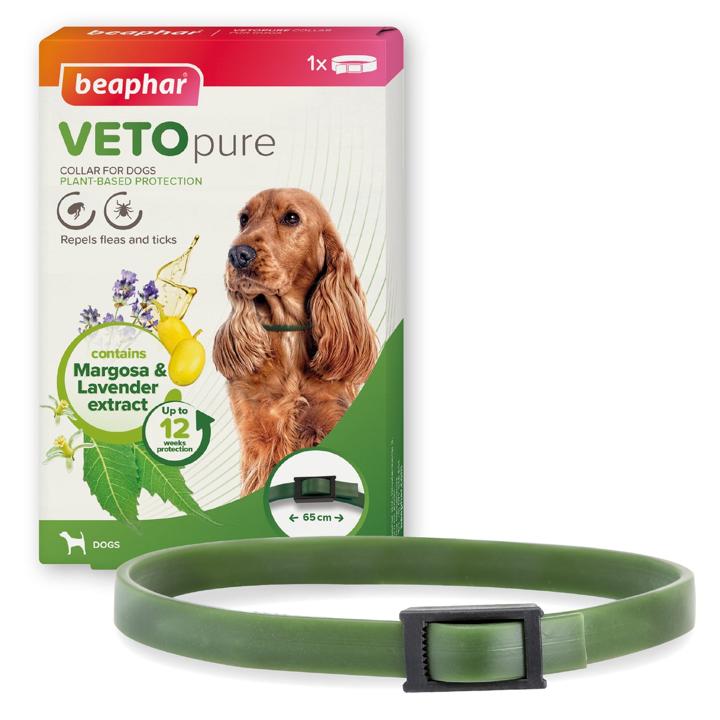 Beaphar VETOpure Plant-Based Flea & Tick Collar for Dogs (Green) – 65 cm, 12‑Week Protection
