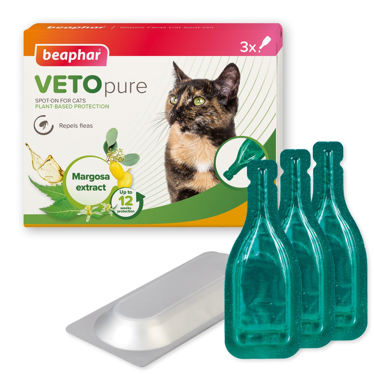 Beaphar VetoPure Cat Spot-On – 12 Week Flea & Tick Treatment, Natural Ingredients