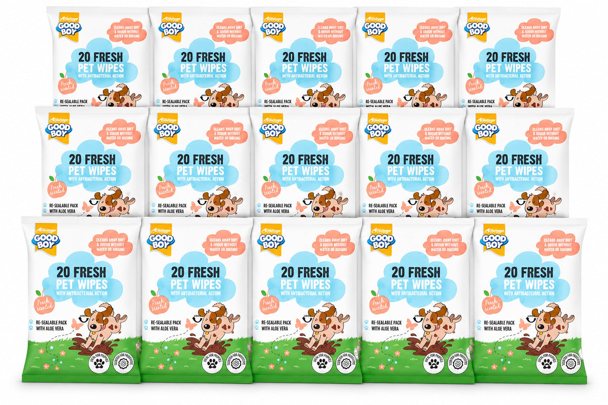 Good Boy Scented Peach Fresh Antibacterial Pet Wipes 20 Pack With Aloe Vera Ideal For Puppies