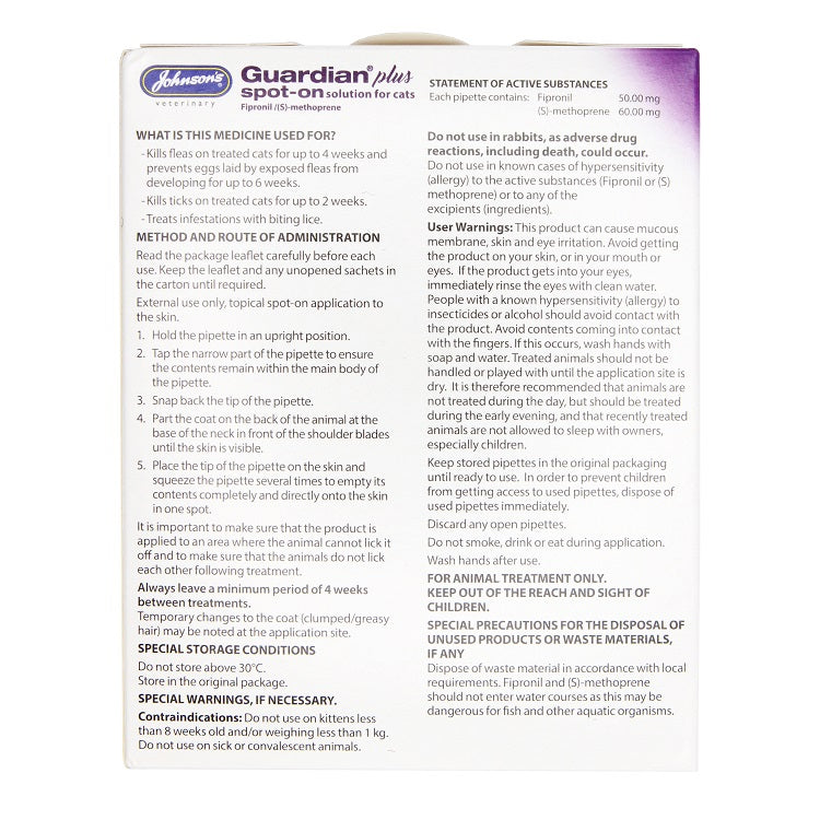 Johnson's Veterinary Guardian Plus Spot-On Solution Flea & Tick Treatment for Cats Over 1kg – 1 Treatment