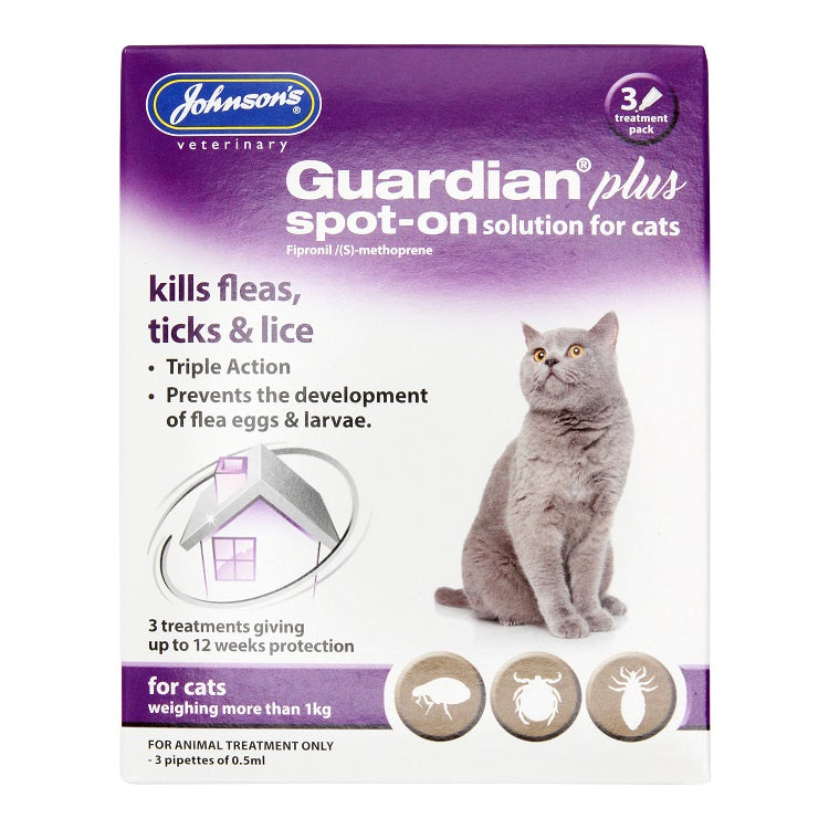 Johnson's Veterinary Guardian Plus Spot-On Solution Flea & Tick Treatment for Cats Over 1kg – 3 Treatment