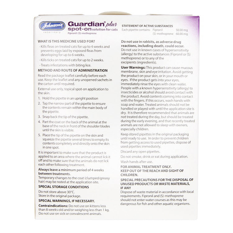 Johnson's Veterinary Guardian Plus Spot-On Solution Flea & Tick Treatment for Cats Over 1kg – 3 Treatment