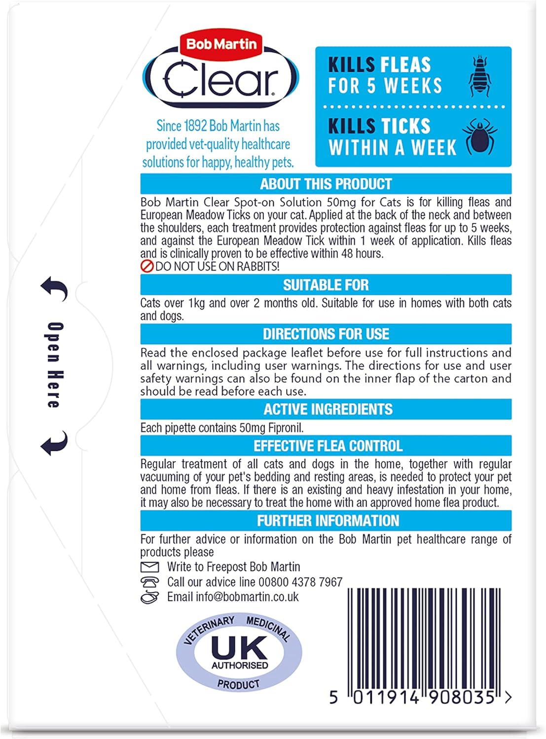 Bob Martin Clear Spot On Flea & Tick Treatment For Cats 1kg+ 3 Pipettes