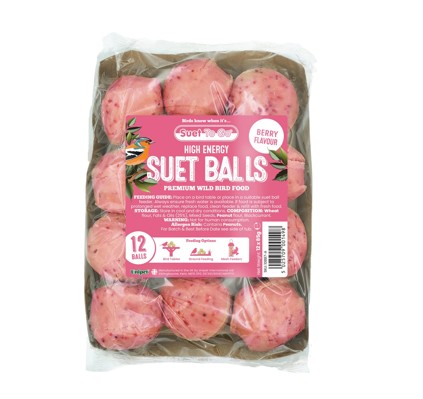 Suet To Go Premium Suet Balls Berry Flavour Wild Bird Food 12 x 85g