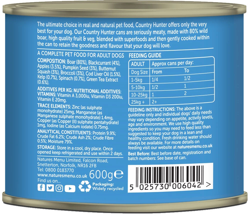 Natures Menu Country Hunter Wild Boar Dog Food Can 600g