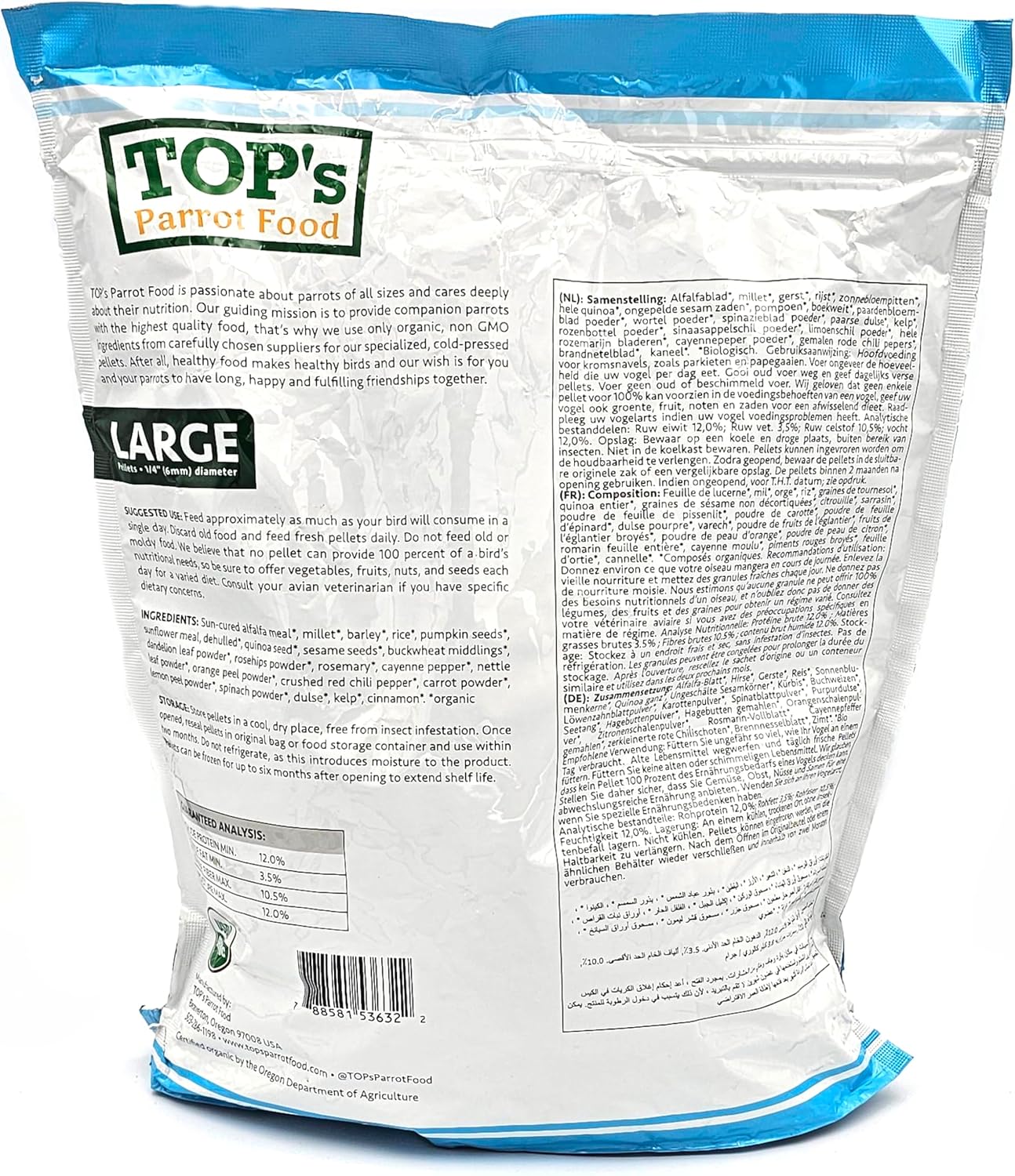 Top's Organic Parrot Food Large Pellets 1.81kg