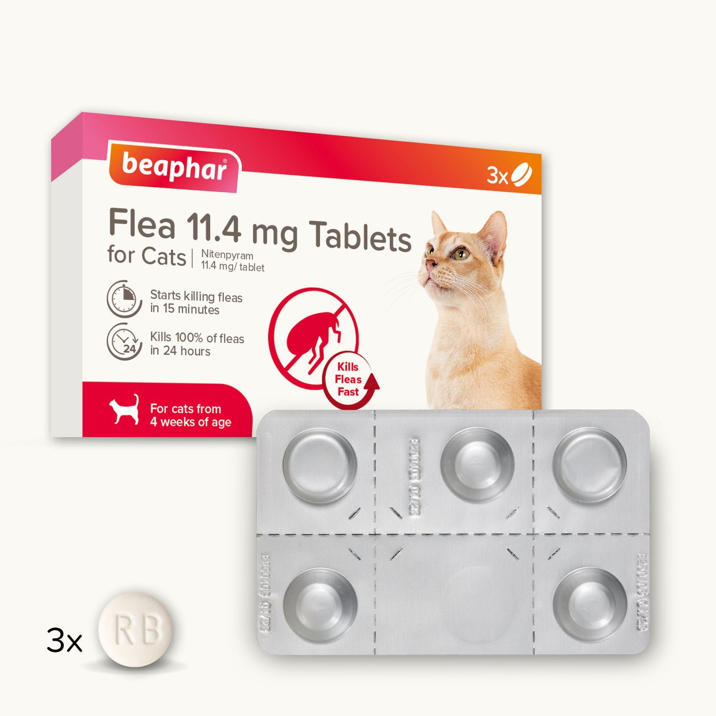 Beaphar Flea 11.4mg Tablets For Cats 3 Tablets, Fast Acting Kills Fleas Within 24hours
