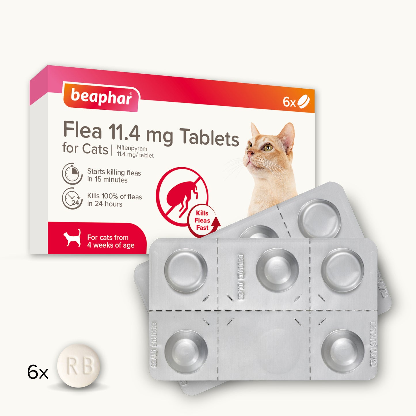 Beaphar Flea 11.4mg Tablets For Cats 6 Tablets, Fast Acting Kills Fleas Within 24hours