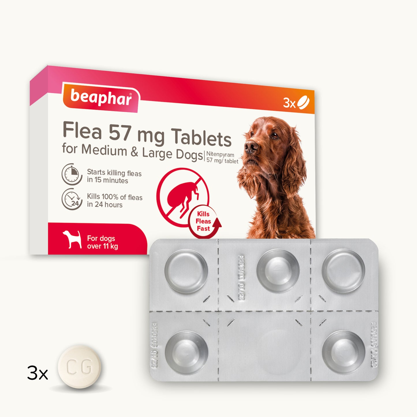 Beaphar Flea 57mg Tablets For Large Dogs 3 Tablets, Fast Acting Kills Fleas Within 24hours