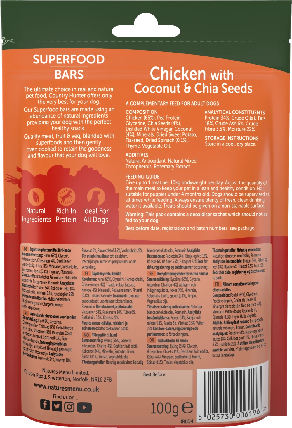Natures Menu Country Hunter Air Dried Chicken With Coconut & Chia Seeds Treats 100g