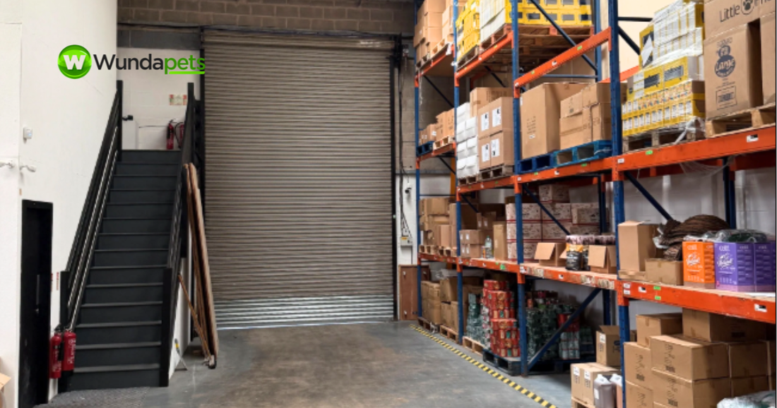 Warehouse storage area with stocked shelving, palletised pet products, and distribution inventory ready for dispatch. The image highlights the logistics and supply chain operations behind pet product fulfilment and delivery.
