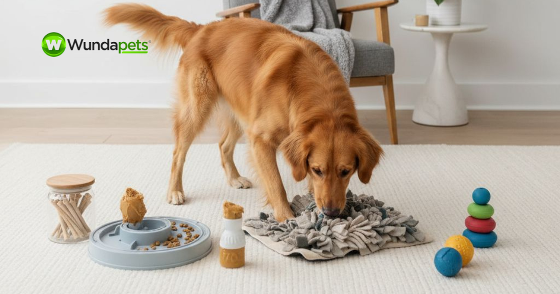 Golden Retriever using a snuffle mat and enrichment toys on a living room floor, with treat puzzles, chew toys, and colourful play balls promoting mental stimulation and interactive play.