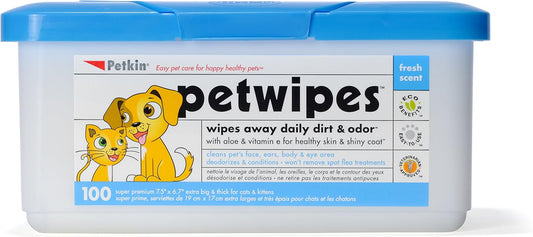 Petkin Pet Wipes 100ct Hypoallergenic Dog & Cat Cleaning Wipes for Paws, Face & Body