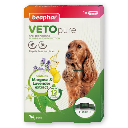 Beaphar VETOpure Plant-Based Flea & Tick Collar for Dogs (Green) – 65 cm, 12‑Week Protection