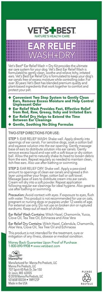 Vets Best Dog Ear Cleaner Wash & Dry Kit