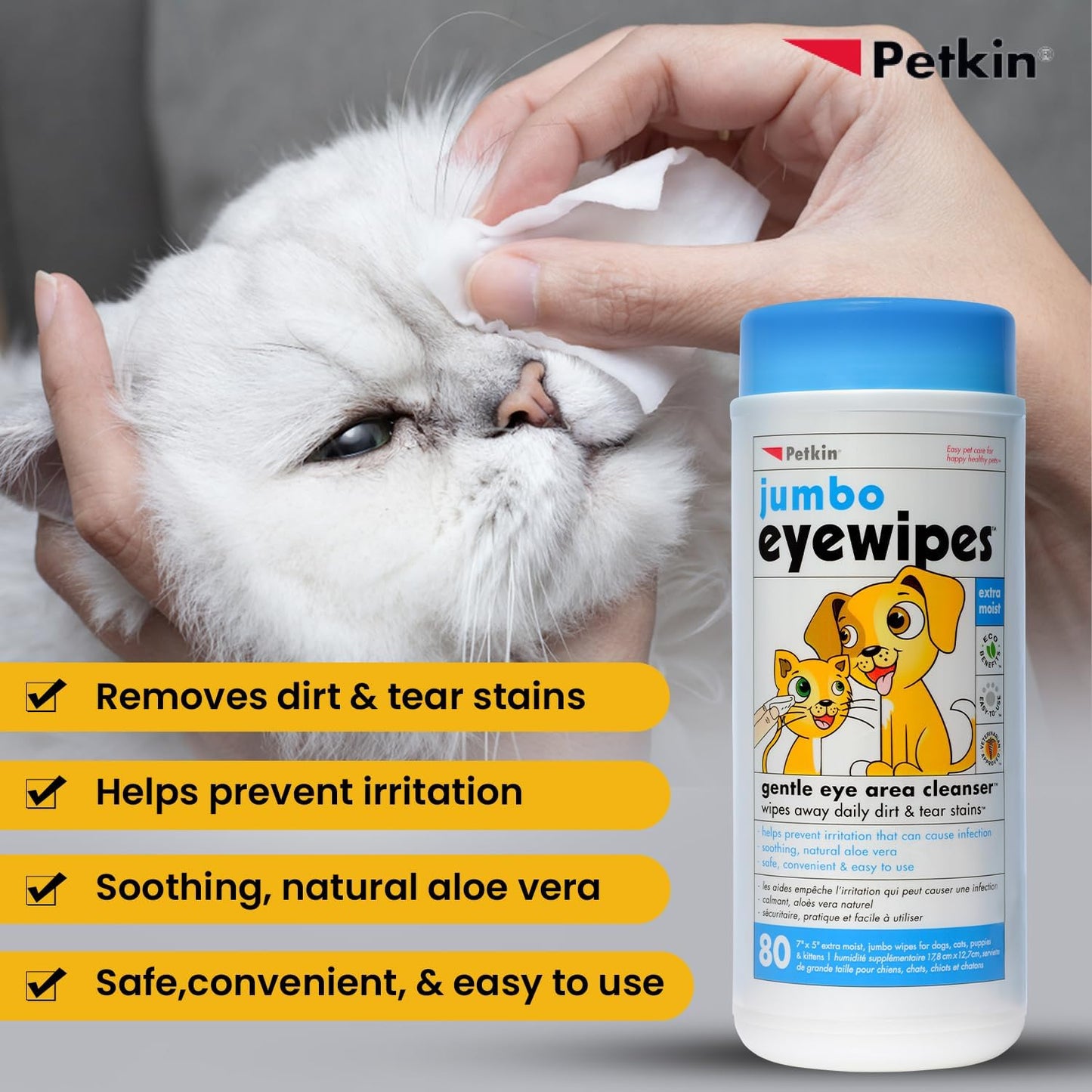 Petkin Eye Wipes for Dogs & Cats – Jumbo 80 Pack | Tear Stain & Discharge Remover