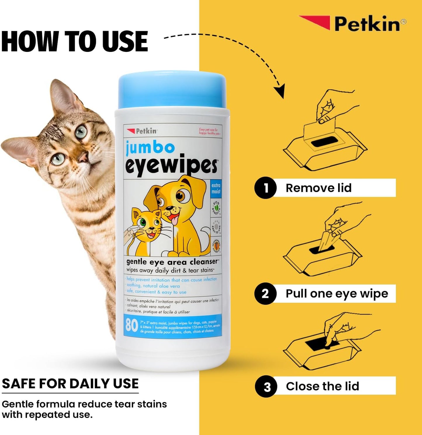 Petkin Eye Wipes for Dogs & Cats – Jumbo 80 Pack | Tear Stain & Discharge Remover