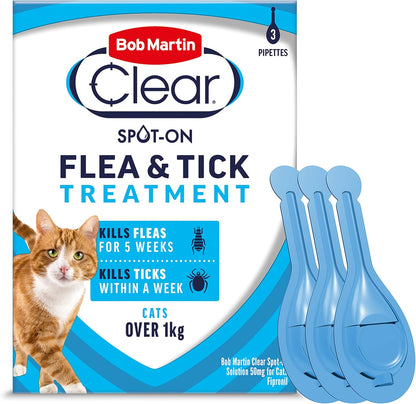 Bob Martin Clear Spot On Flea & Tick Treatment For Cats 1kg+  3 Pipettes