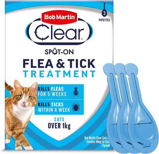 Bob Martin Clear Spot On Flea & Tick Treatment For Cats 1kg+  3 Pipettes