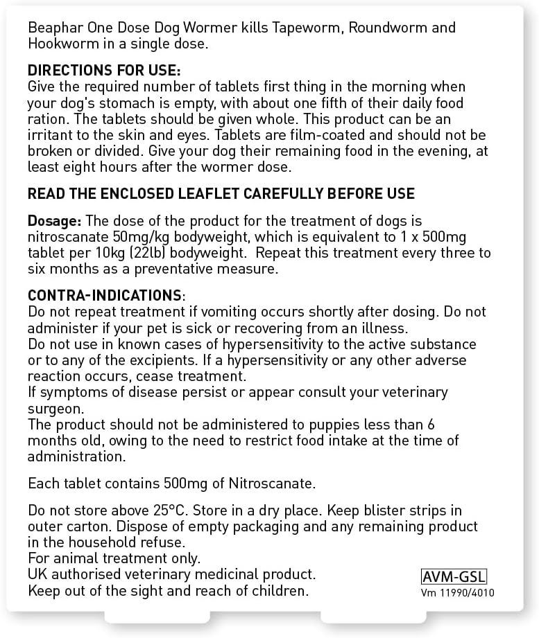 Beaphar One Dose Wormer Medium Dog 2 Tablets