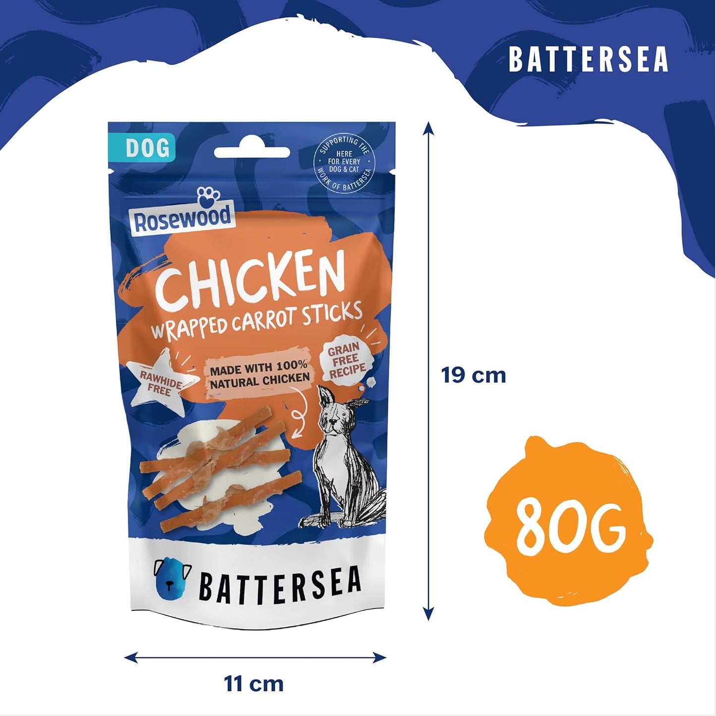 Battersea Chicken Wrapped Carrot Sticks Dog Treats 80g