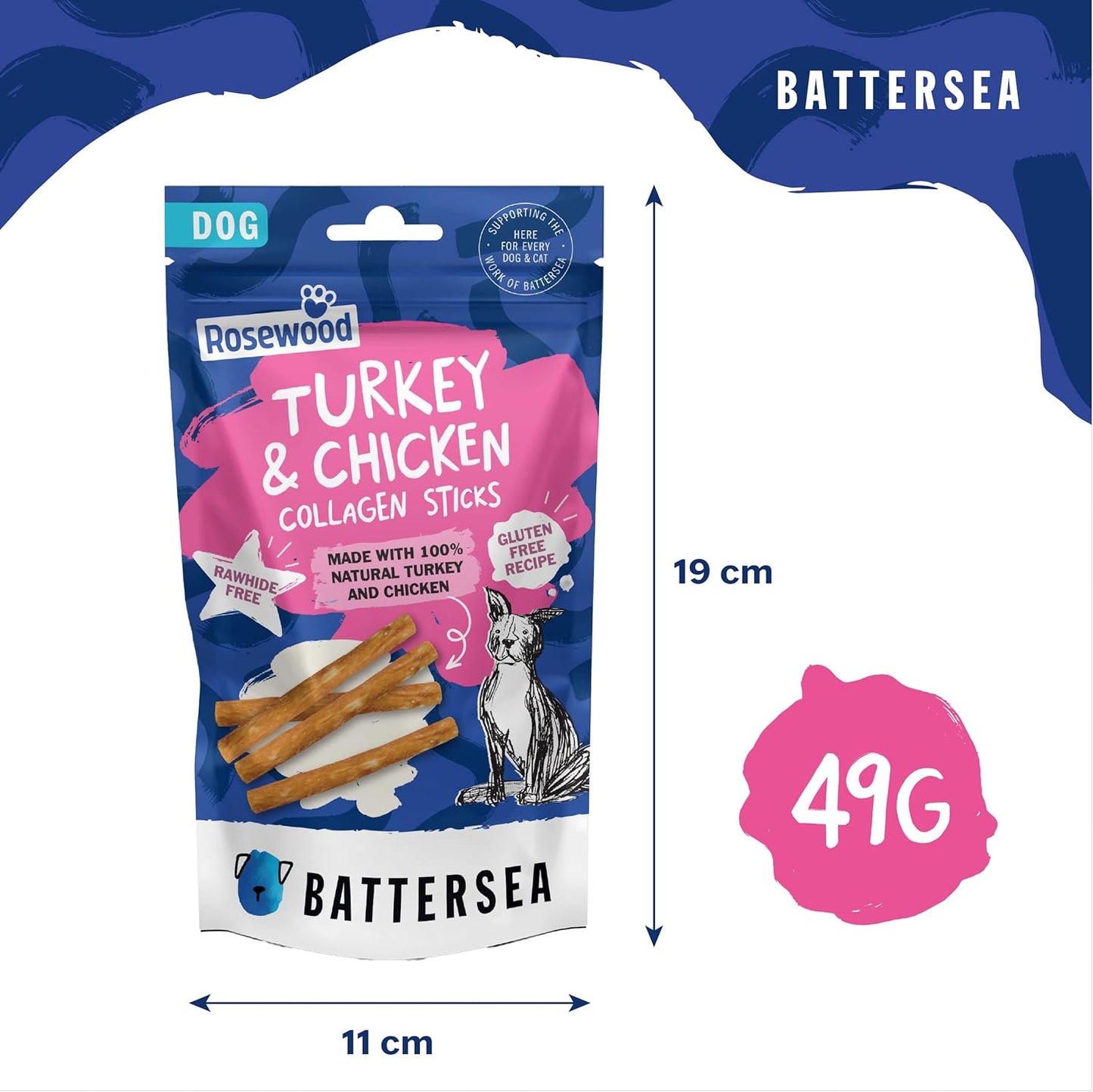 Battersea Turkey & Chicken Collagen Sticks Dog Treats 7pcs 49g