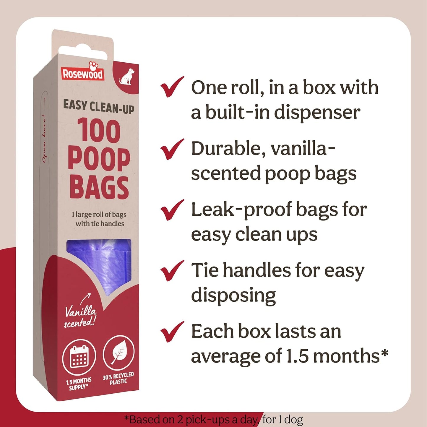 Rosewood Dog Poo Bags With Handles Easy Clean Jumbo Roll 100pcs