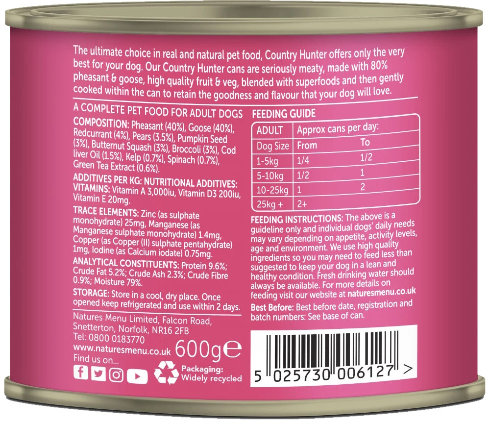 Natures Menu Country Hunter Pheasant & Goose Dog Food Can 600g