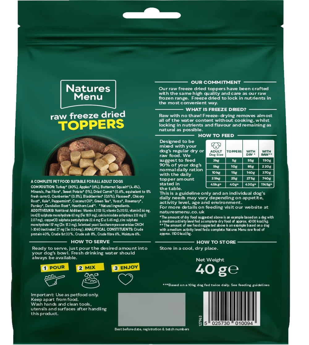 Natures Menu Raw Freeze Dried Toppers Turkey 40g – Natural High-Protein Dog Food Topper