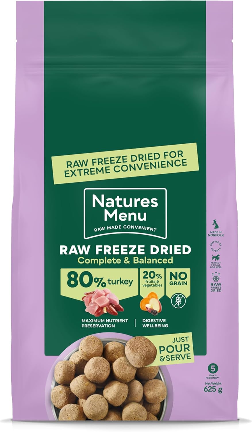 Natures Menu Raw Freeze Dried Turkey 625g – Natural High-Protein Raw Freeze Dried Dog Food