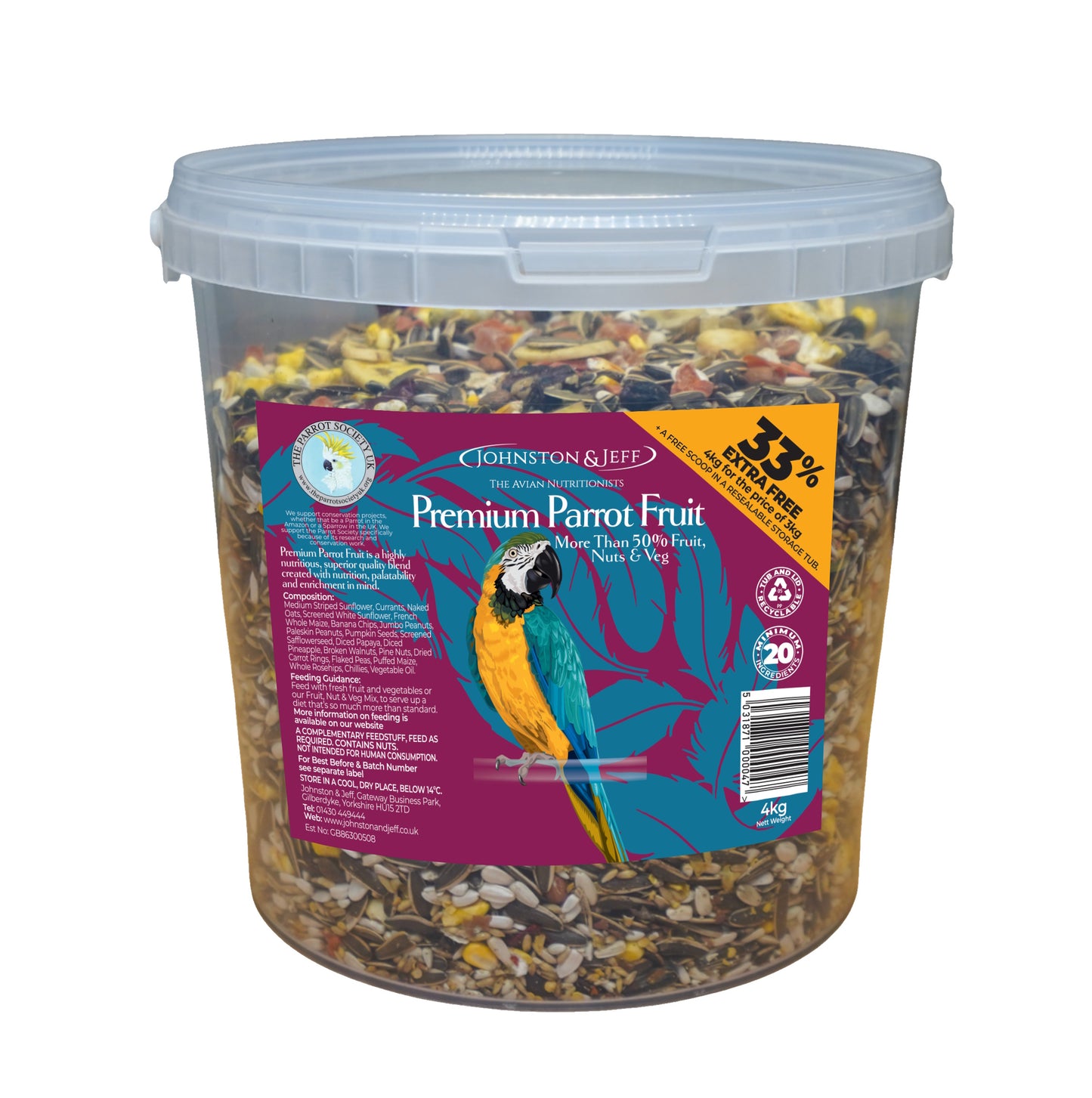 Johnston & Jeff Premium Parrot Fruit Seed Mix With Scoop 4kg Tub