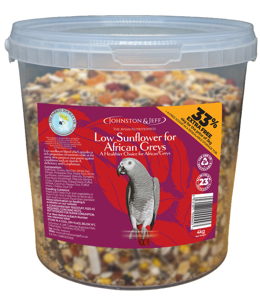 Johnston & Jeff Low Sunflower Seed Mix For African Greys With Scoop 4kg Tub