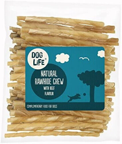 Dog Life Rawhide Twists With Beef 100 Pack 4/6mm