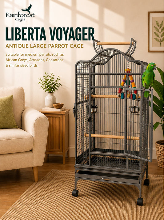Liberta Voyager Large Bird Cage Antique Open Top Parrot Cage with Stand & Play Area