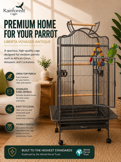 Liberta Voyager Large Bird Cage Antique Open Top Parrot Cage with Stand & Play Area