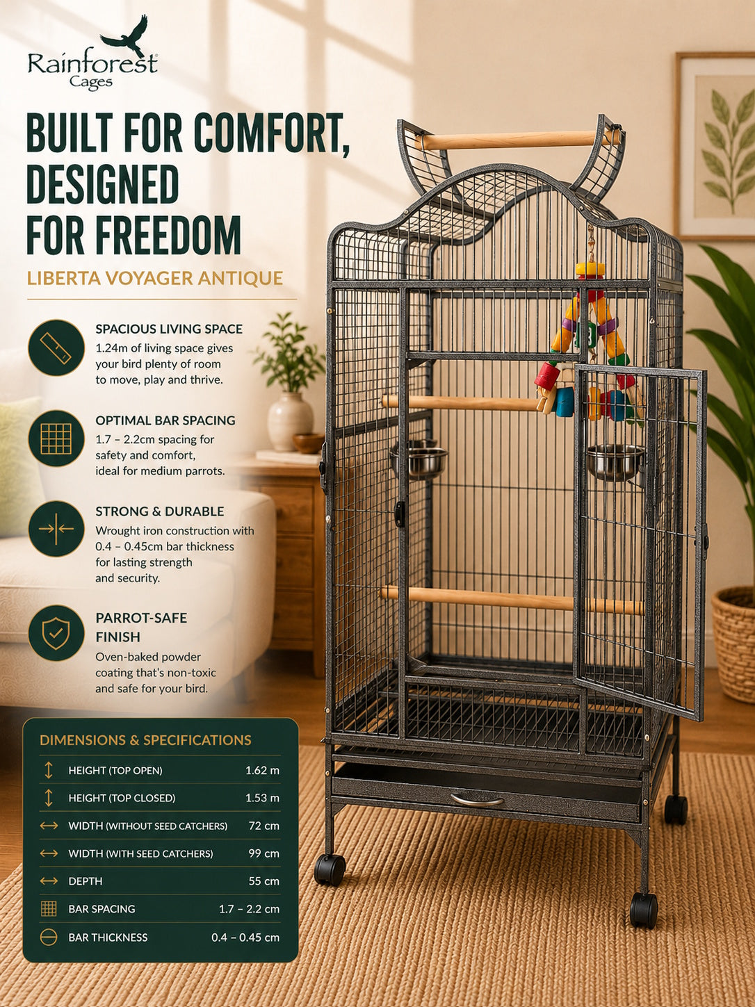 Liberta Voyager Large Bird Cage Antique Open Top Parrot Cage with Stand & Play Area