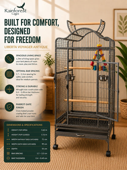 Liberta Voyager Large Bird Cage Antique Open Top Parrot Cage with Stand & Play Area