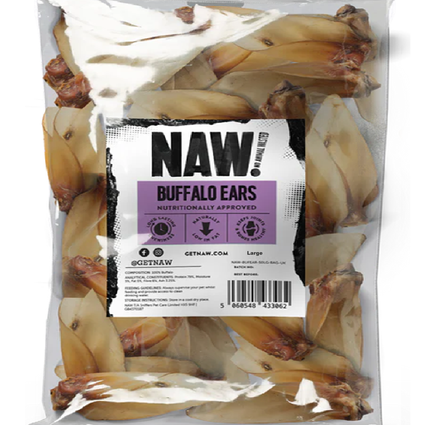 Naw! Large Buffalo Ears Natural Dog Chews 50pck
