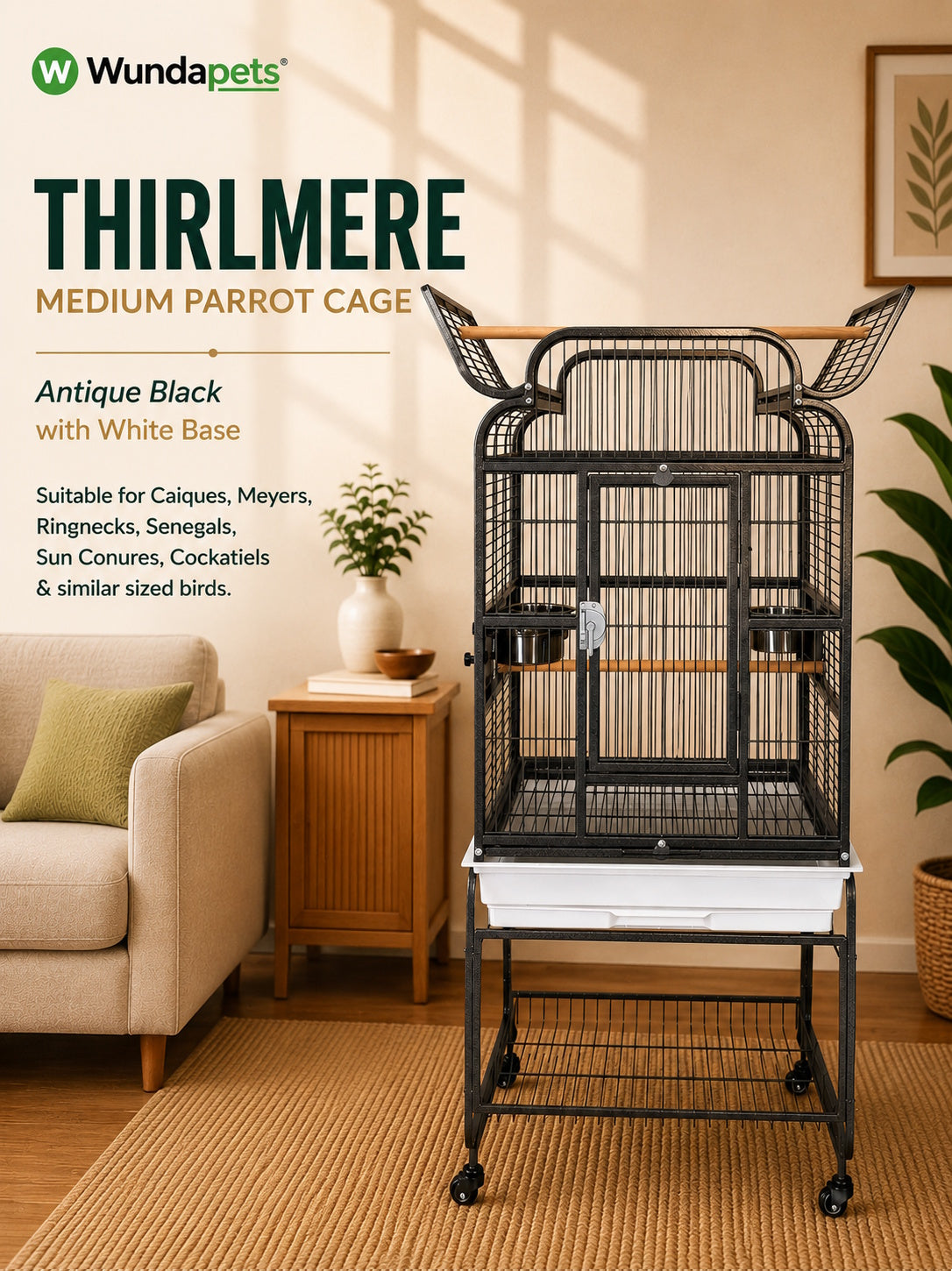 Wundapets Thirlmere Medium Parrot Cage Antique Black With White Base