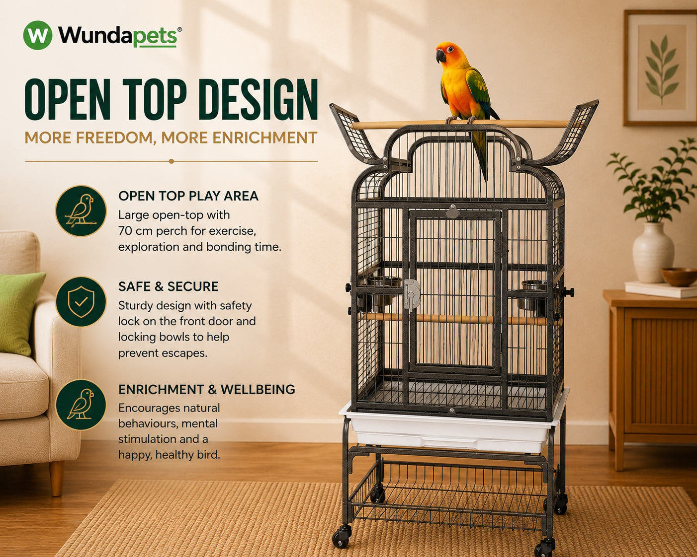 Wundapets Thirlmere Medium Parrot Cage Antique Black With White Base