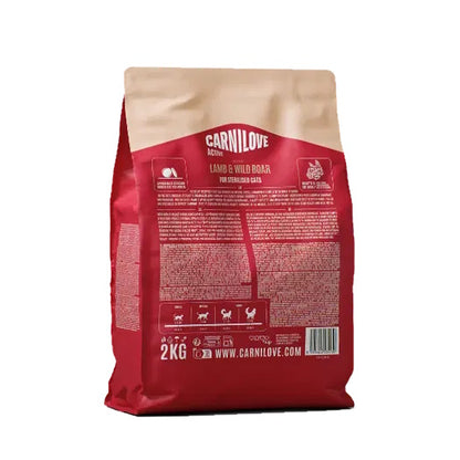 A 2kg bag of Carnilove Active Lamb & Wild Boar dry cat food, showing the back of the packaging with product details, ingredients, and a barcode on a white background.
