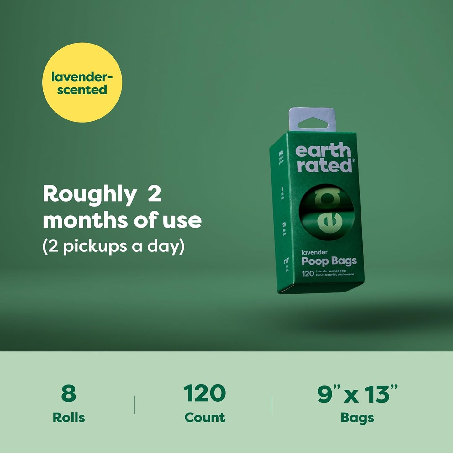 Earth Rated Lavender Scented Poo Bags 120 Pack (8x15 Pack)