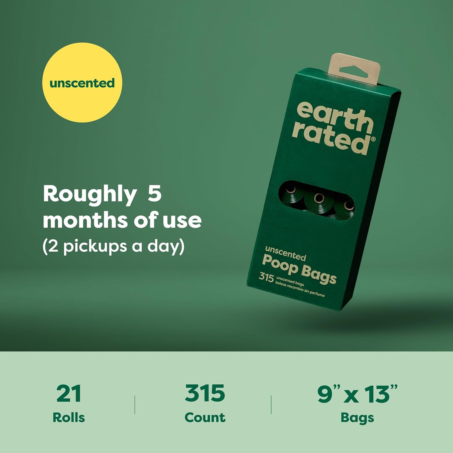 Earth Rated Unscented Poo Bags Refill Rolls 315 Pack (21x15 Pack)