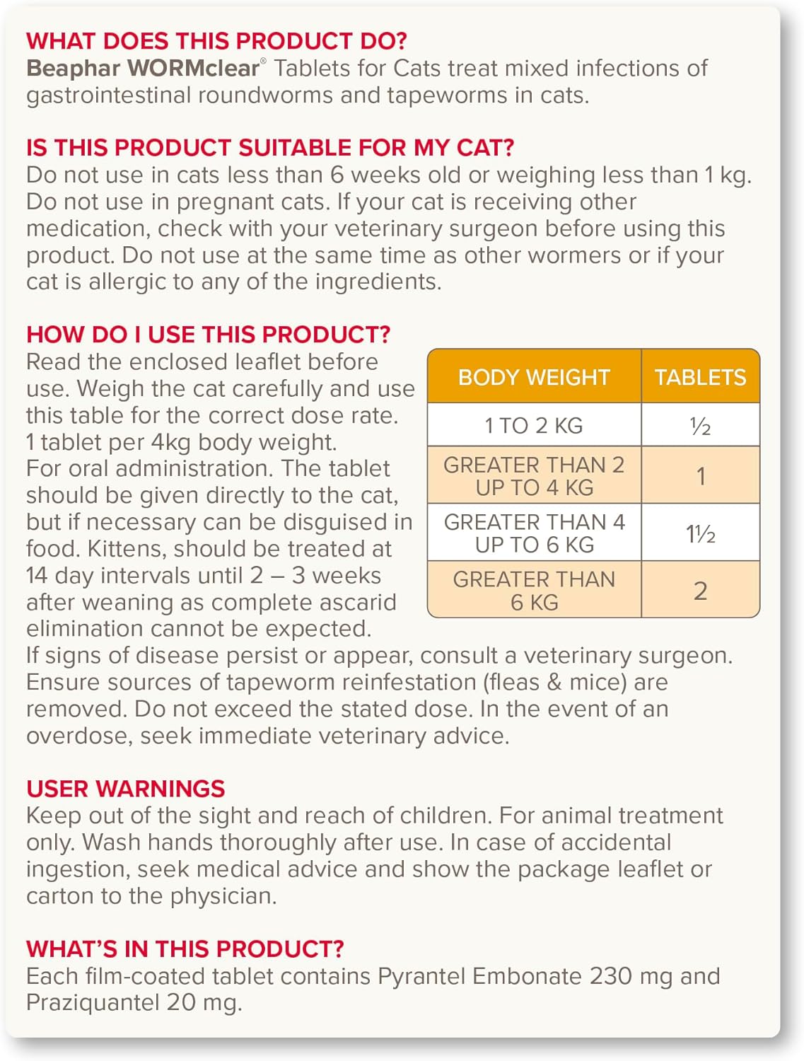 Beaphar WORMclear Cat Worming Tablets 2 Pack All-in-One Roundworm & Tapeworm Treatment