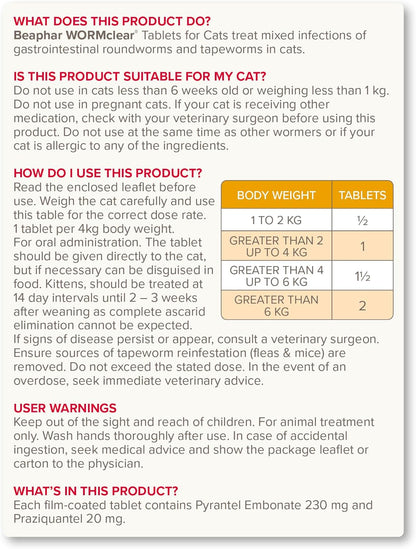 Beaphar WORMclear Cat Worming Tablets 2 Pack All-in-One Roundworm & Tapeworm Treatment