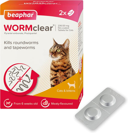 Beaphar WORMclear Cat Worming Tablets 2 Pack All-in-One Roundworm & Tapeworm Treatment