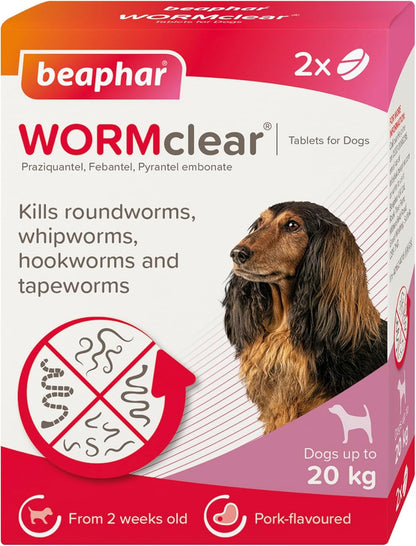 Beaphar WORMclear Dog Worming Tablets 2 Pack (Up to 20kg) All-in-One Worm Treatment for Small & Medium Dogs