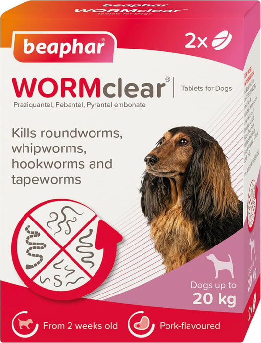 Beaphar WORMclear Dog Worming Tablets 2 Pack (Up to 20kg) All-in-One Worm Treatment for Small & Medium Dogs