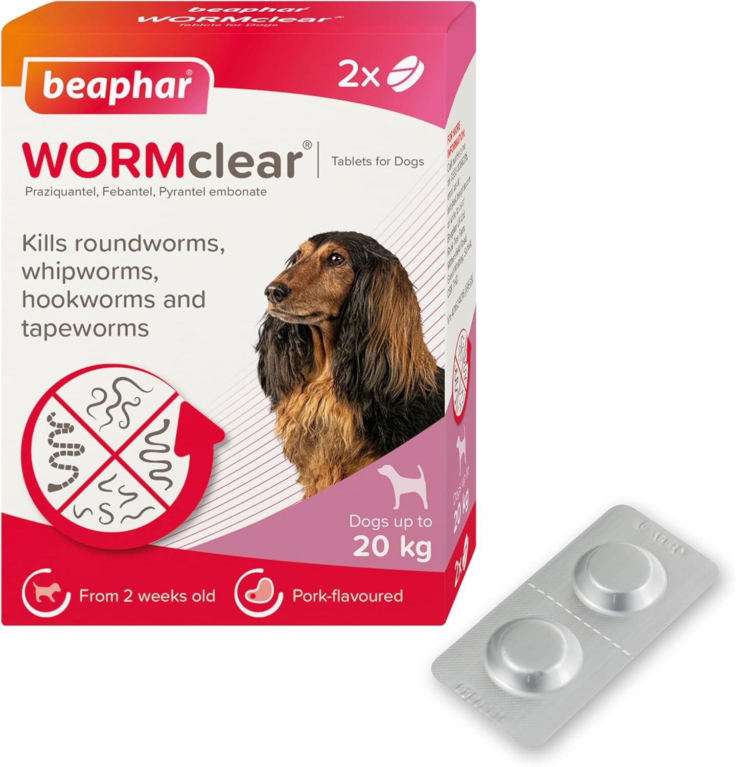 Beaphar WORMclear Dog Worming Tablets 2 Pack (Up to 20kg) All-in-One Worm Treatment for Small & Medium Dogs