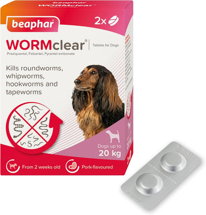 Beaphar WORMclear Dog Worming Tablets 2 Pack (Up to 20kg) All-in-One Worm Treatment for Small & Medium Dogs